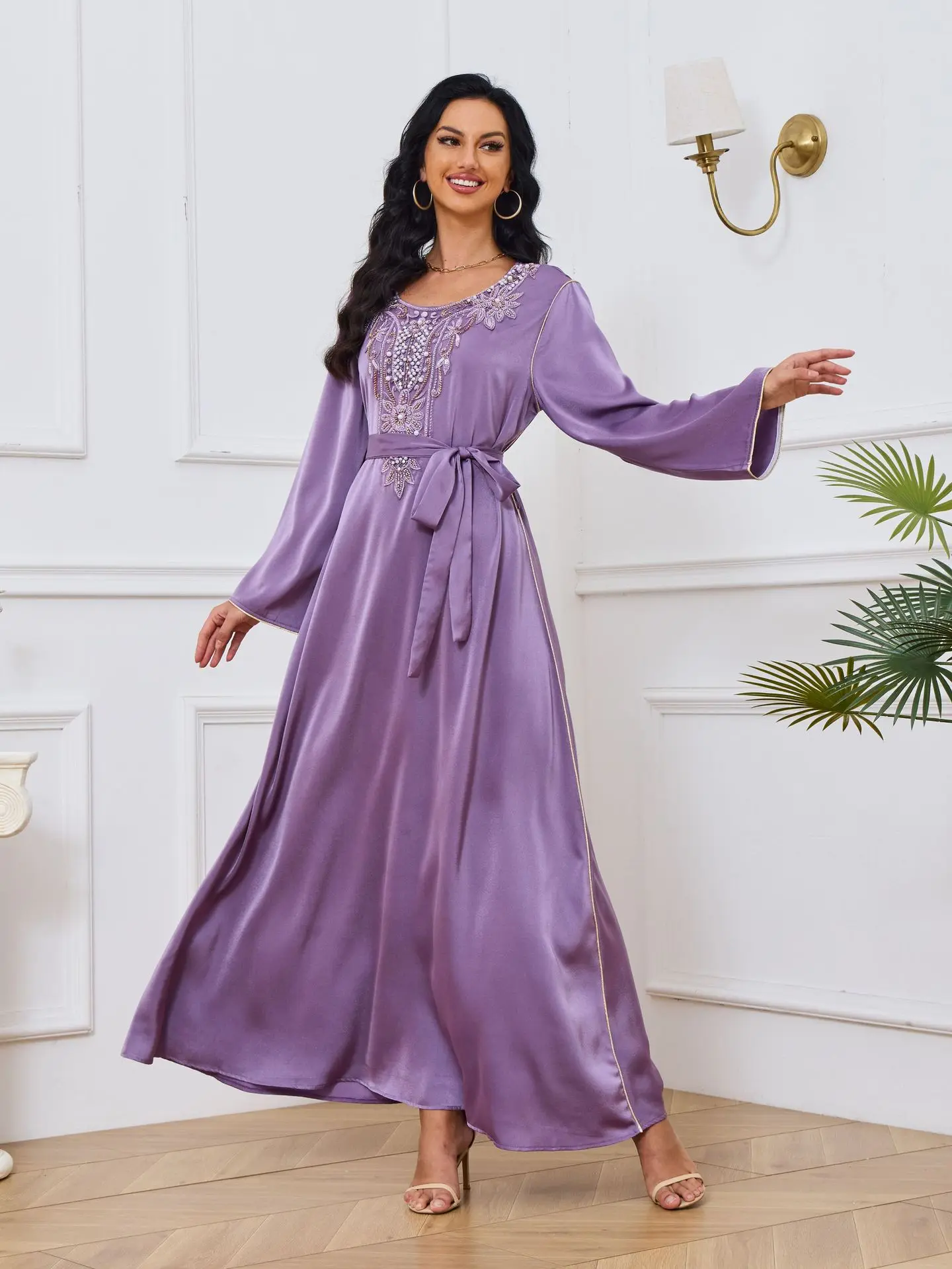 Wholesale EID Turkey Dubai Dress Modest Elegant Luxury Women Muslim Dress Handmade Beads Pearl Embroidery Matte Satin Abaya