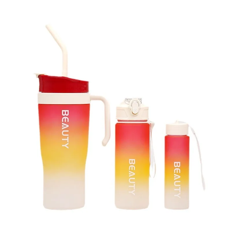 New In-Stock Large Capacity Double Drink Plastic Water Cup with Car Handle Unisex Gradient Frosted Straw Ice Cup Travel Tours