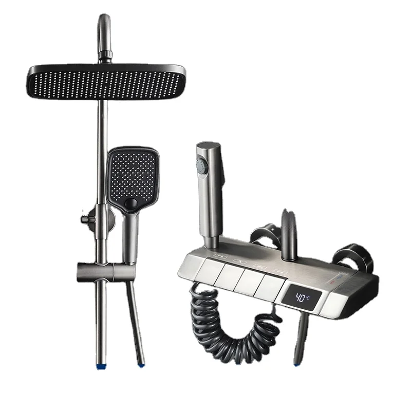 Household all-copper thermostatic shower bathroom digital display booster shower head shower