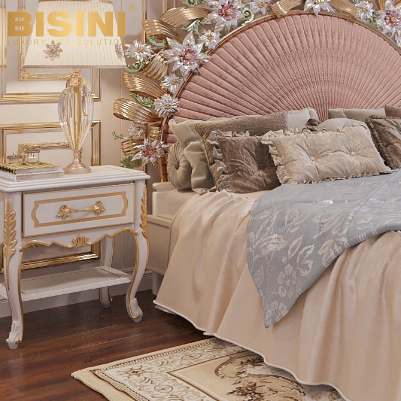 Beauteous Italy Milan Style Big House Princess Girls Bedroom Pink Bed Set Wood Carved Butterflies flowers Double Bed