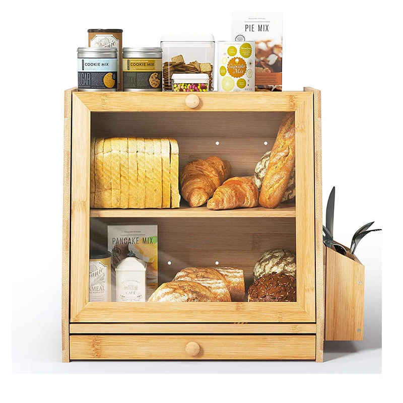 Wholesale Kitchen Countertop 2-Tier Bamboo Bread Box Bin Bamboo Bread Container Cabinet Organizer with Transparent Window