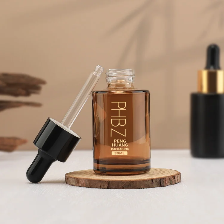 Custom amber black glass serum bottle 1oz 30ml skincare packaging face essential hair oil moisture dropper bottles cosmetic