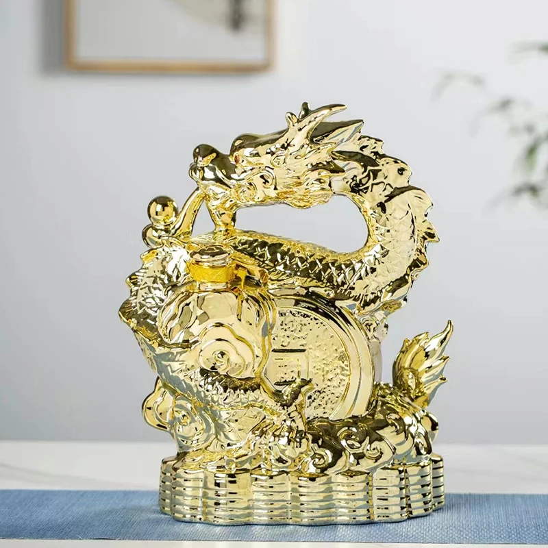 Wine Bottle 2.5L Liquor Bottle Dragon Shaped Porcelain Wine Altar Gold-plating Ceramic Wine Bottle