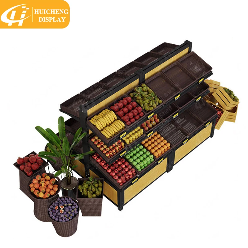 Customizable supermarket store display metal wooden fruit and vegetable stand rack and gondola shelf for sale