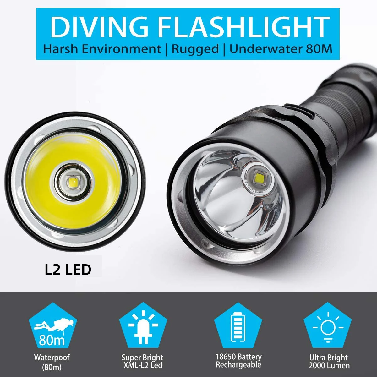Underwater Scuba Diving Flashlight 6500Lm XM L2 Underwater Photography Cave Diving Rechargeable LED Diver Torch Flashlight