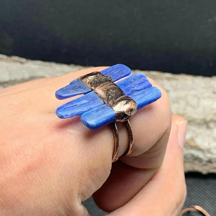 Vintage Rough Gemstone Raw Coral Turquoise Crystal Brass Ring Adjustable Fashion Trendy Copper Jewelry for Women Man Gift