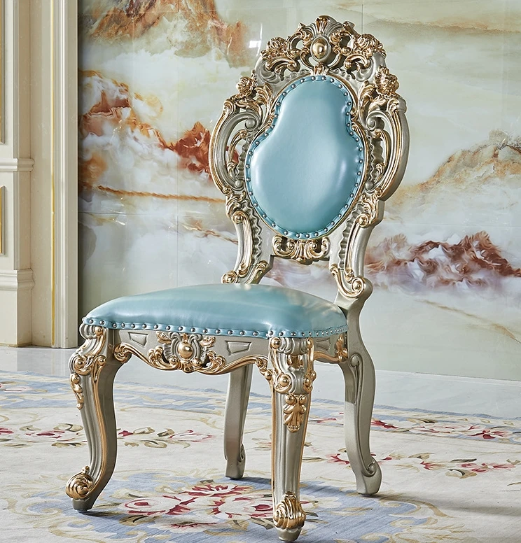 European Antique Home Furniture Luxury Wooden Dining Table 6-8 Chairs Hand Carved Gold Dining Set