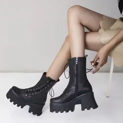 Shein 2021 Wide Fit Women Boots Plus Size Platform Vintage Wedge Chunky High Heel Lace Up Combat Boots Leather Boots In Stock