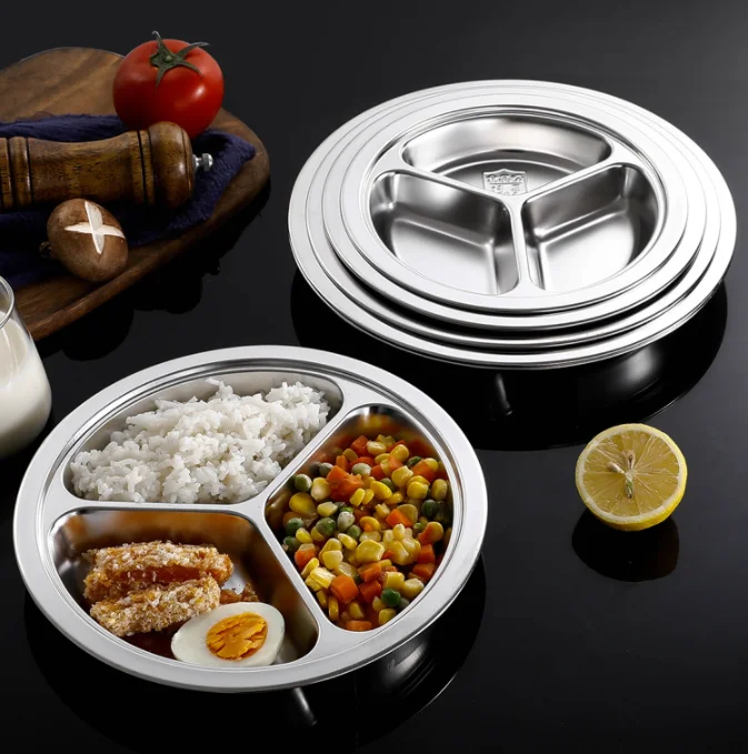 Hot Selling 304 stainless steel 3 compartments fast food tray Side dish school canteen baby plate