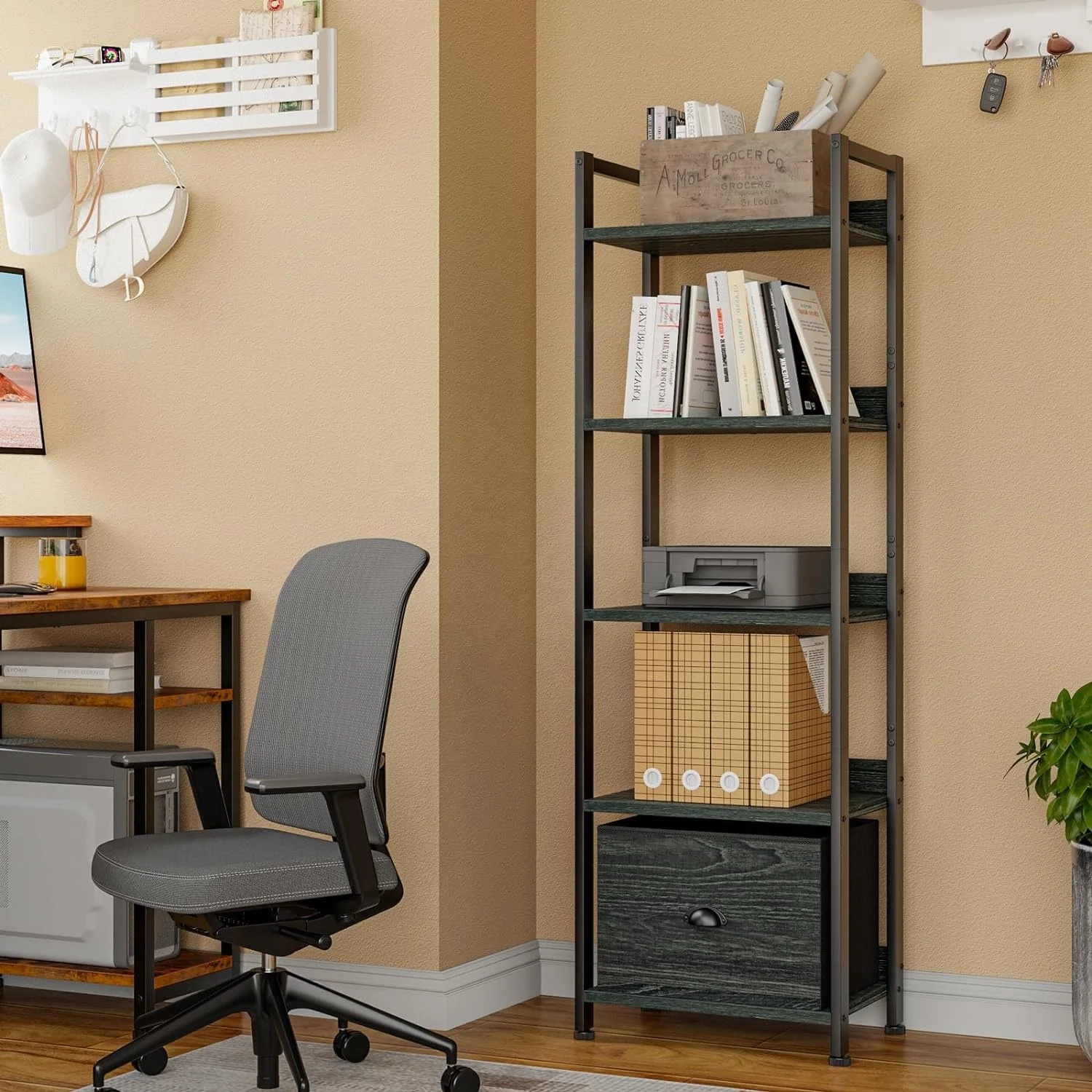 5 Tier Bookshelf with Drawer  Industrial Free Standing Display Shelf Wood and Metal Book Shelf for Bedroom  Living Room