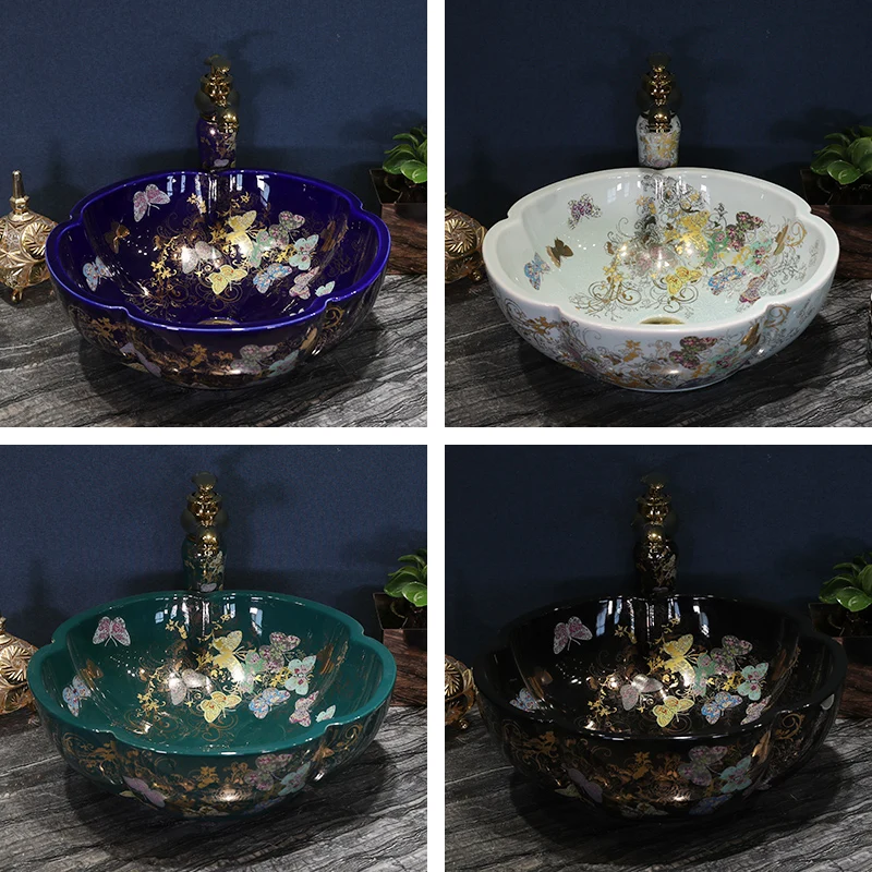 Flower Shape Butterfly Garden Pink Ceramic Vessel Sink with Gold Accents for a Touch of Luxury in Your Bathroom basin sinks