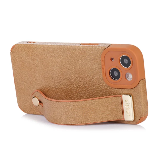 Solid color leather patch suitable for iPhone 15 Pro wrist strap holder phone case 14 simple two color lambskin 13 full package