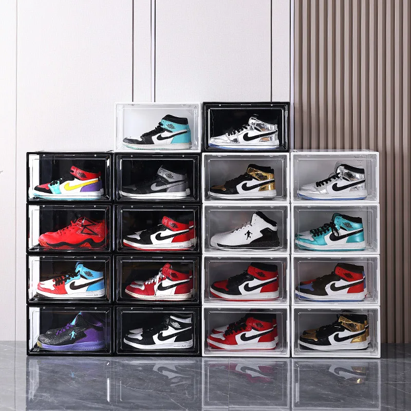 Wholesale transparent acrylic shoe box magnetic suction side door with lid storage box shoe box AJ Sneakers storage