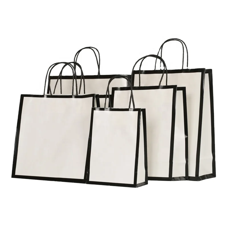 
good price white kraft paper with black frame design shopping paper bags with twist paper handles 
