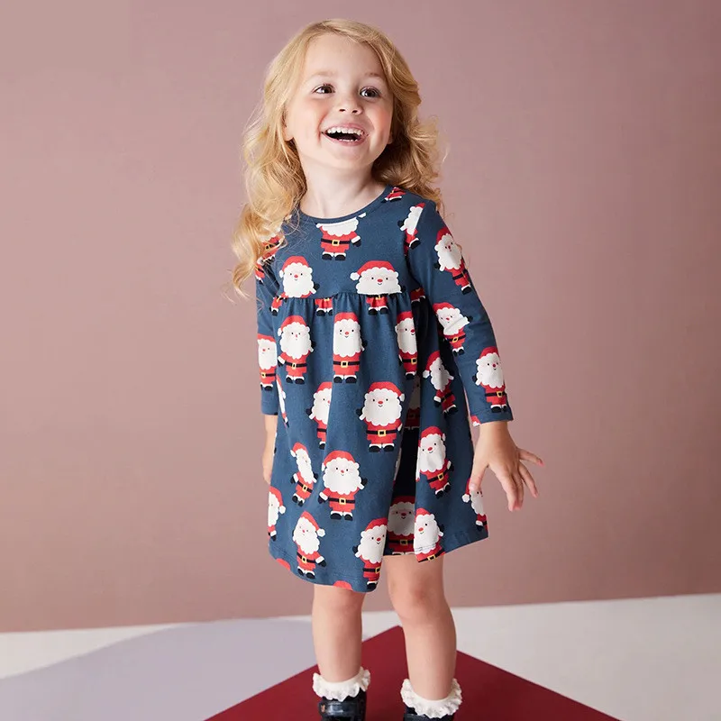 Custom santa girls dress christmas dress for kids children long sleeve jersey girls christmas dress
