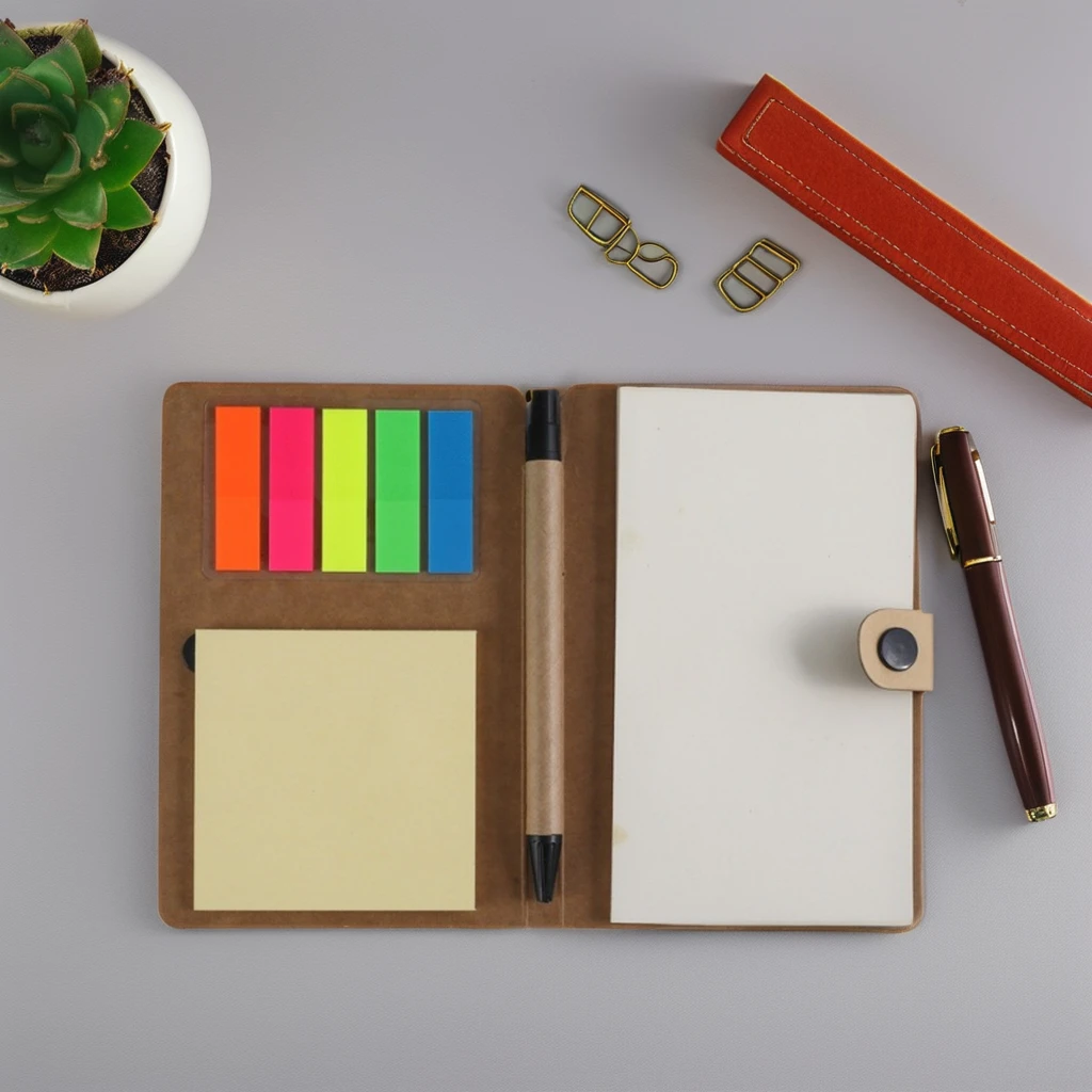 Kraft Paper Cover Steno Pads Notepad with Pen in Holder Sticky Notes and Page Marker Colored Index Tabs for School Office