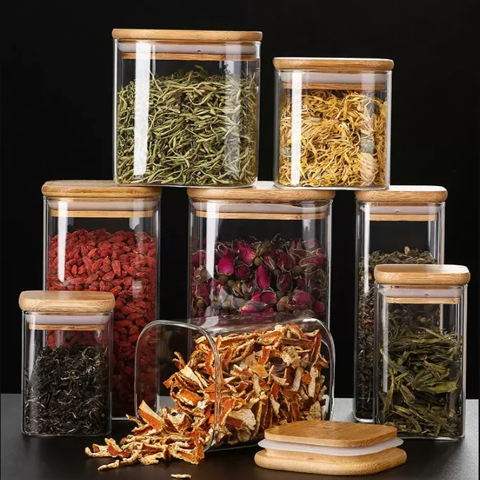 Morden Style Honey Jam Lid Bamboo Canister Container Glass Jar For Food Storage glass spice jar with bamboo lid