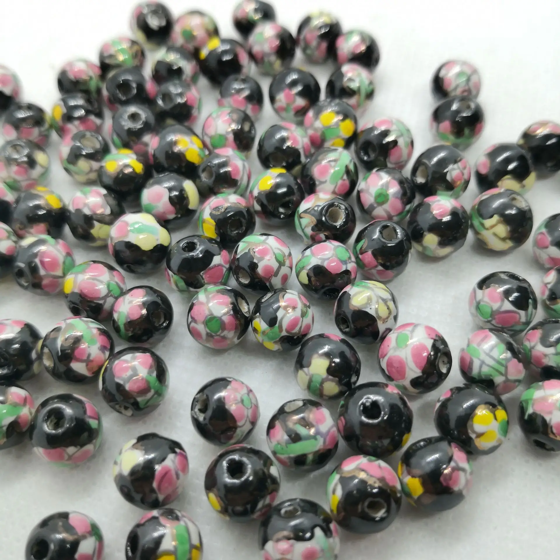 8mm hand-painted blue and white porcelain loose beads black bottom five-petal flower round beads diy handmade jewelry