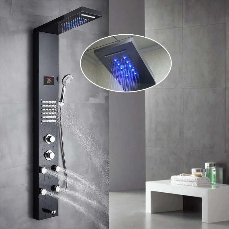 New Design  Luxury Black Color Led Rain Shower Head Bathroom Stainless Steel Wall Mounted waterfall Shower Panels