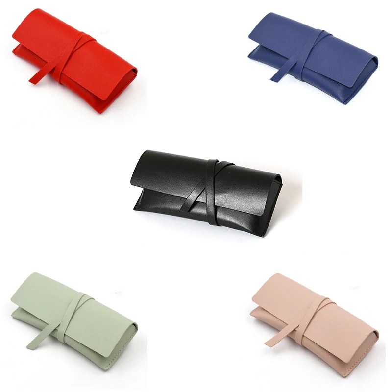 blue PU leather glasses case with strap closure
