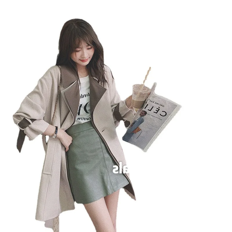 Real time shot of small man temperament female 2022 new early spring autumn Korean version contrast color medium long coat coat