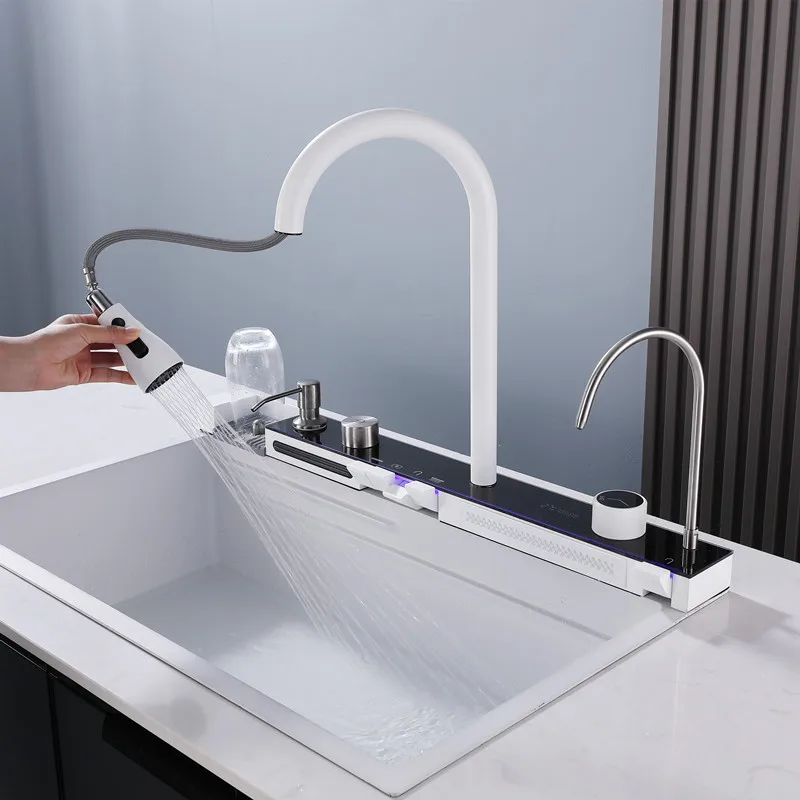 Multifunction 304 Stainless Steel waterfall rainfall faucet kitchen LED Digital Display faucet Flying Waterfall Kitchen Sink set