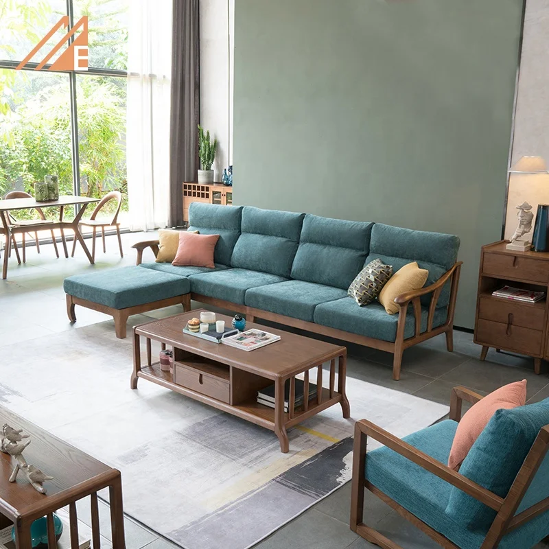 Utility Living Room Furniture Solid Ash Wood Sectional Sofa With Footstool