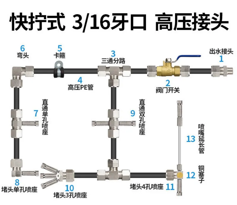Water Tube Mist Coolant System Water Sprinkler Garden Nozzle Pipe Fitting Quick Coupling Slip Lock Connector Cooling Spray Kits
