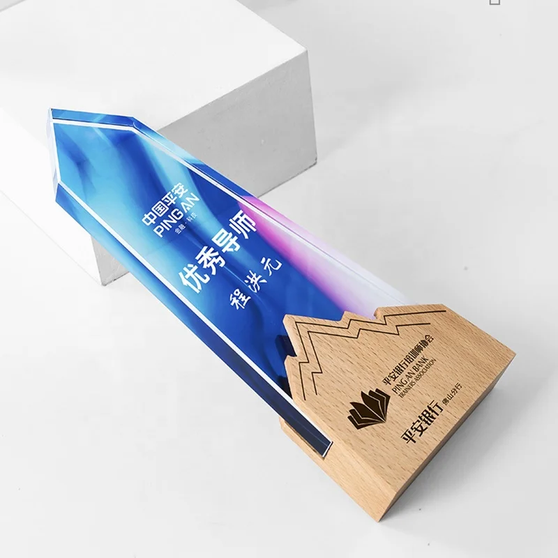 Retail OEM ODM Trofeos Cristal Medal UV Printing Crystal Glass Trophies Wood Base Victory Awards