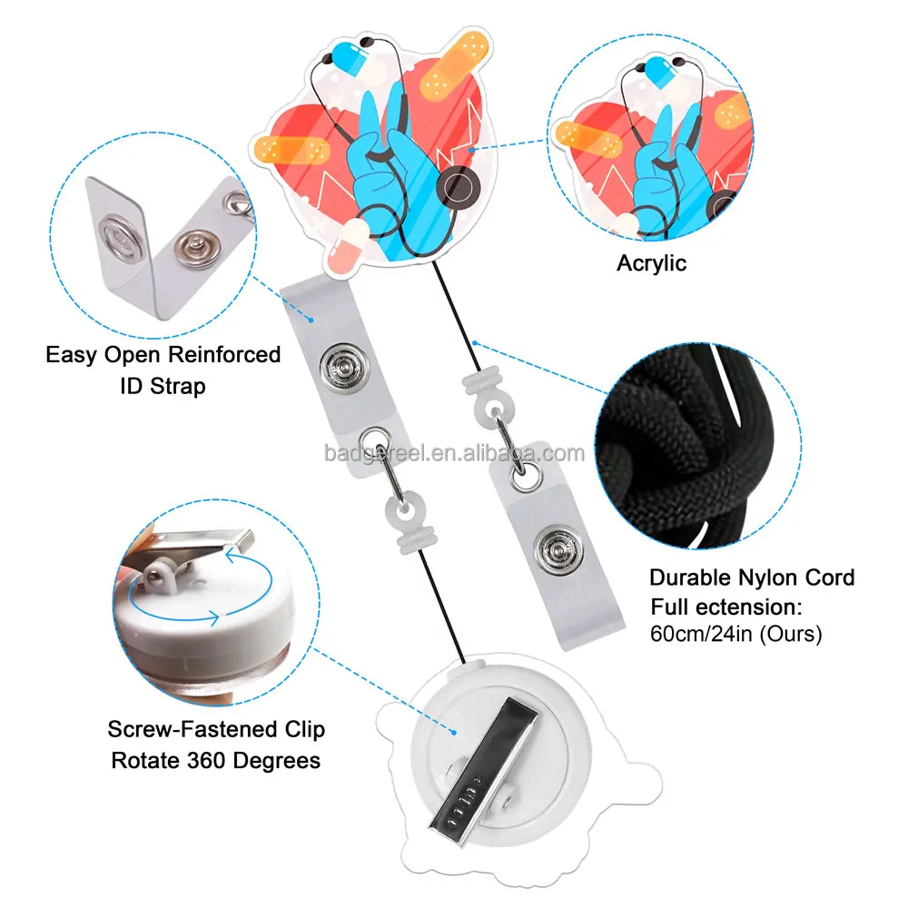 highly quality wholesale Custom Logo acrylic Nurse Retractable Id Badge Reel Card Holders yoyo puller id badge reel
