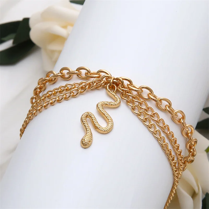 New Style Hollowed-Out Chain Feet Tassel Snake Pendant Triple Gold Plated Three Layers Chain Anklet Women