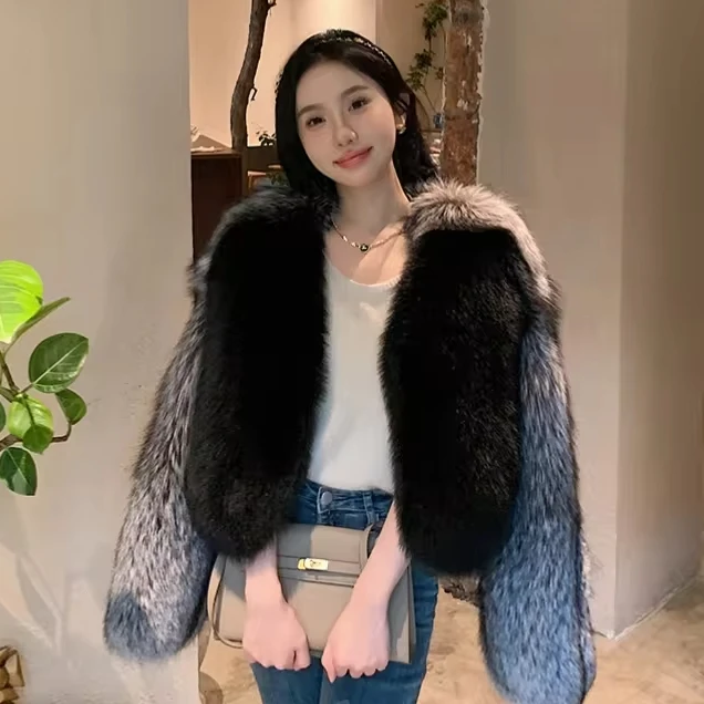 Luxury Full Pelt Silver-Black Splicing Natural Furry Real Fox Fur Coat Fluffy Short Whole Fur Jacket For Women
