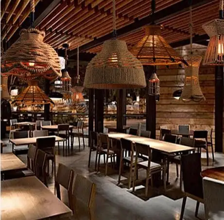 Ancient European retro style linen lamp bar restaurant metal hemp rope chandelier