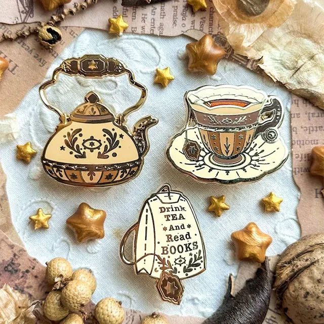 Bookish Tea Set Mini Enamel Pins Custom Cartoon Teapot Origami Coffee Hard Enamel Lapel Pin For Tea Love Gift