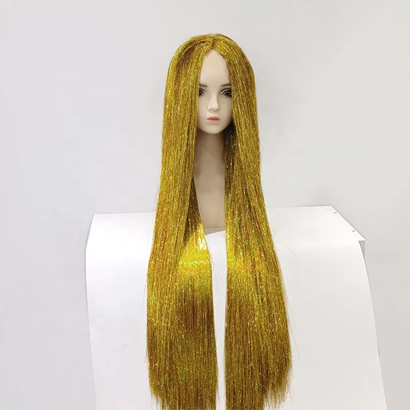 Wholesale High Quality Golden Full Tinsel Lace Front Wigs Long Straight Tinsel Hair Lace Wigs for Ladies Cosplay Party