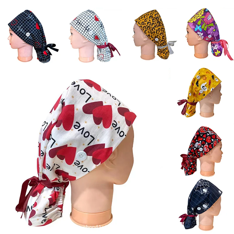 100%cotton medical surgical cap nurse hair care  scrub cap beauty salon nursing cap with button scrub hats