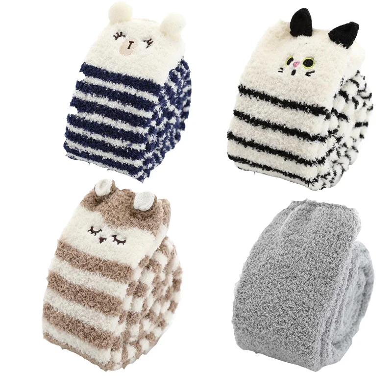 Womens Over Knee Multi-Colors Fuzzy Socks 3D Cartoon Animal Cat Stripes Home Slouch Fuzzy Socks For Women Girls Kids