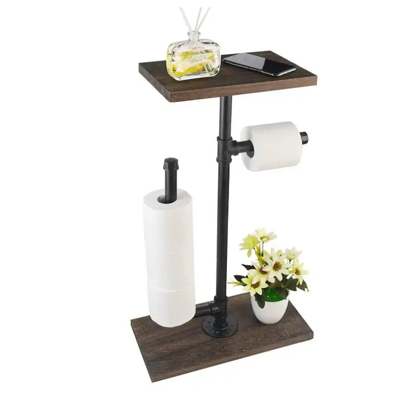 Toilet Paper Storage Dispenser with Rustic Wooden Storage Shelf Freestanding Tissue Paper Roll Holder Stand