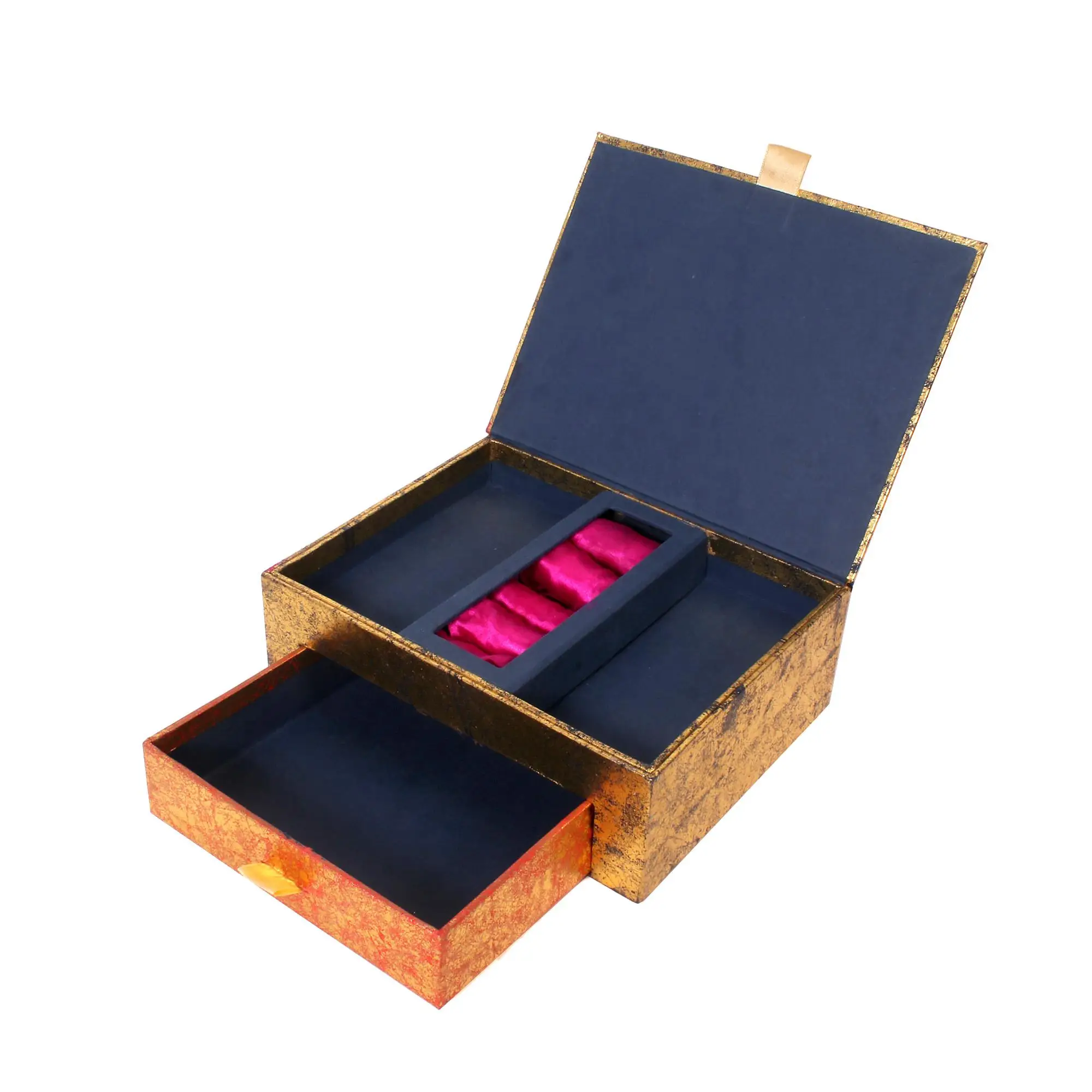 Luxury Kraft Jewelry Box Handmade Golden Paper Jewelry Packaging Box with Lock High Quality Kraft Paper Drawer Jewelry Box