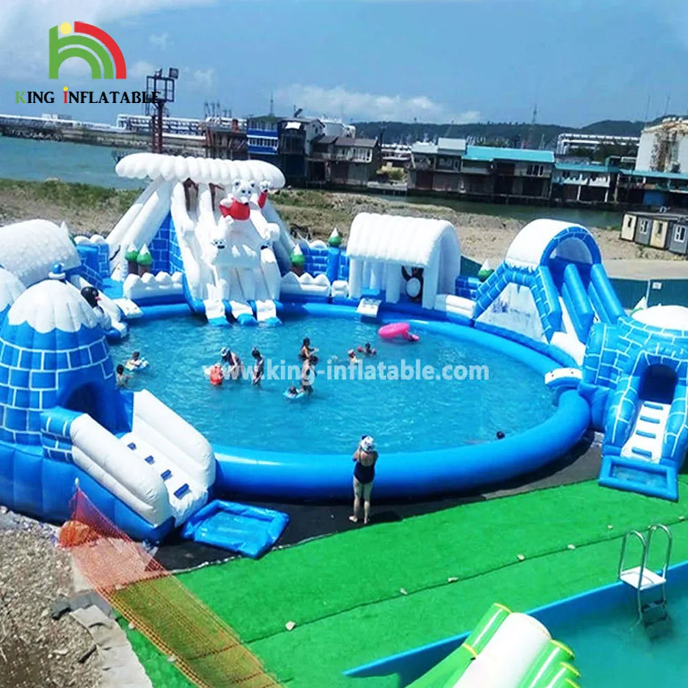 Large Land Inflatable Water Park Outdoor Giant Blow Up Playground Building Aqua Play Parks World With Pool & Slide