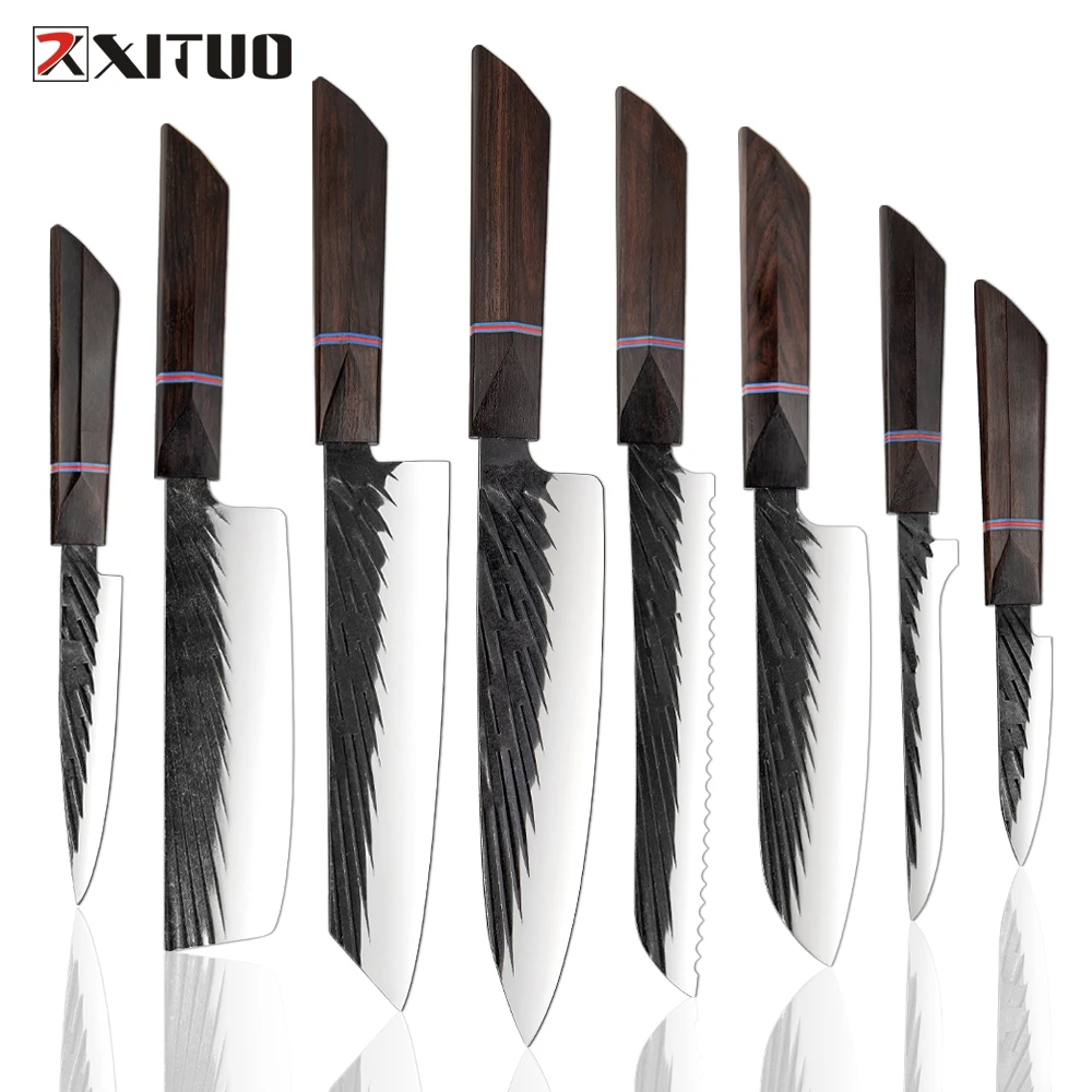 XITUO 8 Sets Kitchen knives Handmade Forged Japanese Sharp Chef Knife 440C Steel Cleaver Kiritsuke Santoku Utility Paring Knife