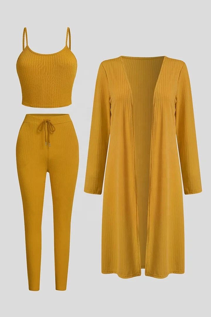 Fall Casual Clothing Sexy Crop Top Legging Pants Long Cardigan Coat Ribbed Lounge Wear 3 Piece Set Women