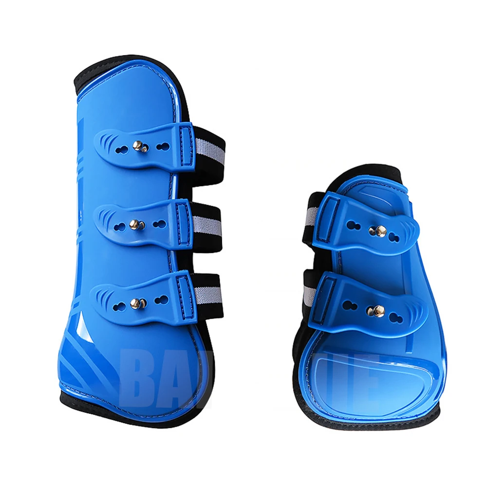 Blue Front & Back PU Horse Fetlock Boots Set Protective Boot Set of 4 Leg Wraps Sport Horse Riding Boots