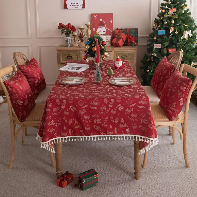 Cross-Border Christmas Waterproof  Red Knitted Christmas Tree Bell Deer Fringe Tablecloth Cover