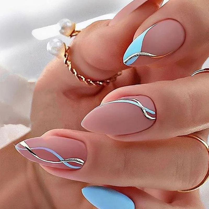 New designer almond shape matte fake artificial nails blue line pattern press on nails