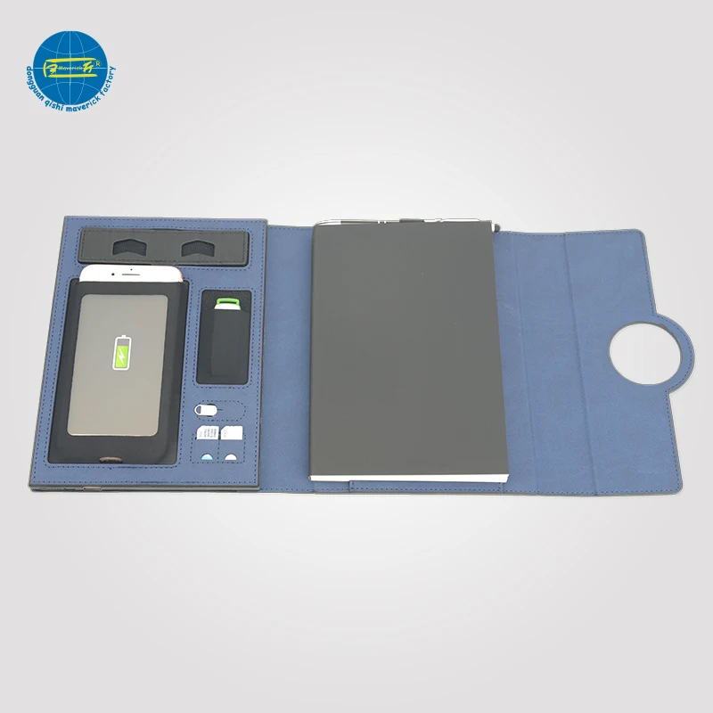 
2020 New Items A5 Pu Leather Portable Portfolio With Power Bank And USB 