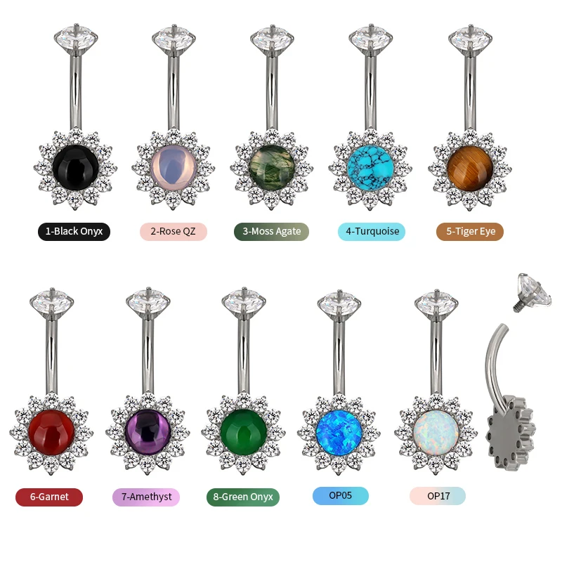 GZN Sexy Implanted Grade Titanium Internally Threaded Opal Flower Belly Button Ring Fine Body Jewelry Piercing