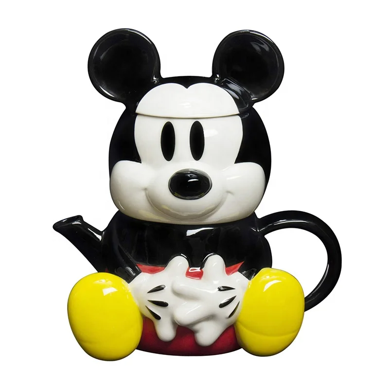 Wholesale Factory Mickey Mouse T-4 one Coffee Teapot Sets Custom Desgin 3d cartoon ceramic cups and tea pot set with strainer