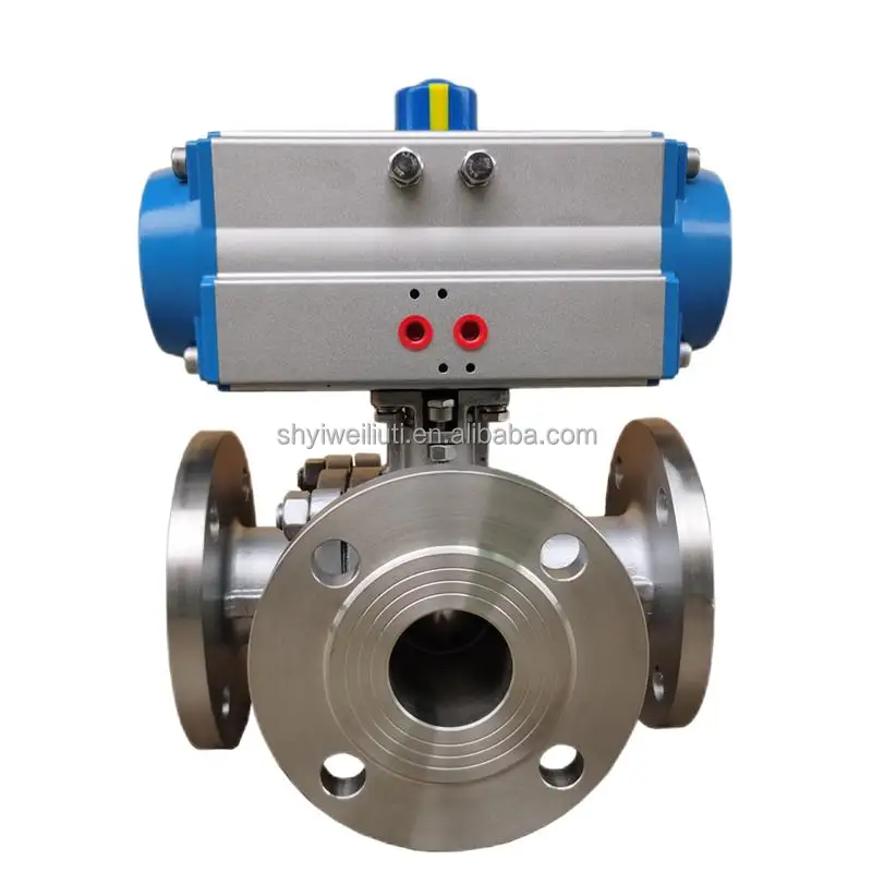 DN32 L Port stainless steel 304 316 flange connection 3 way 2pcs double union Pneumatic Actuator ball valve