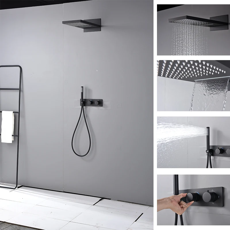 
Luxury Bathroom Wall Mounted Concealed Shower Faucet Thermostatic 3 Functions Shower System Waterfall Shower Head Set 